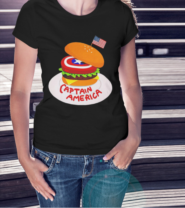 Captain America Burger With Flag And Shield Lettuce Bun T-Shirt
