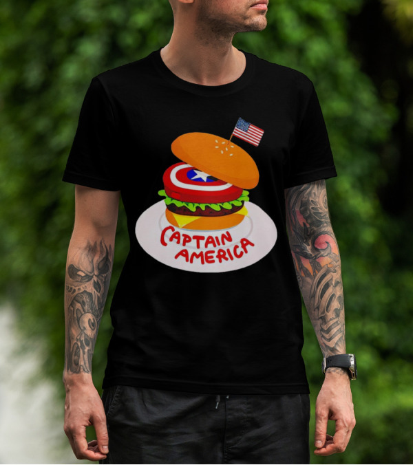 Captain America Burger With Flag And Shield Lettuce Bun T-Shirt