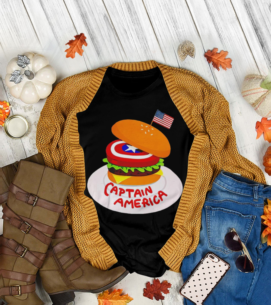 Captain America Burger with Flag and Shield Lettuce Bun T-Shirt