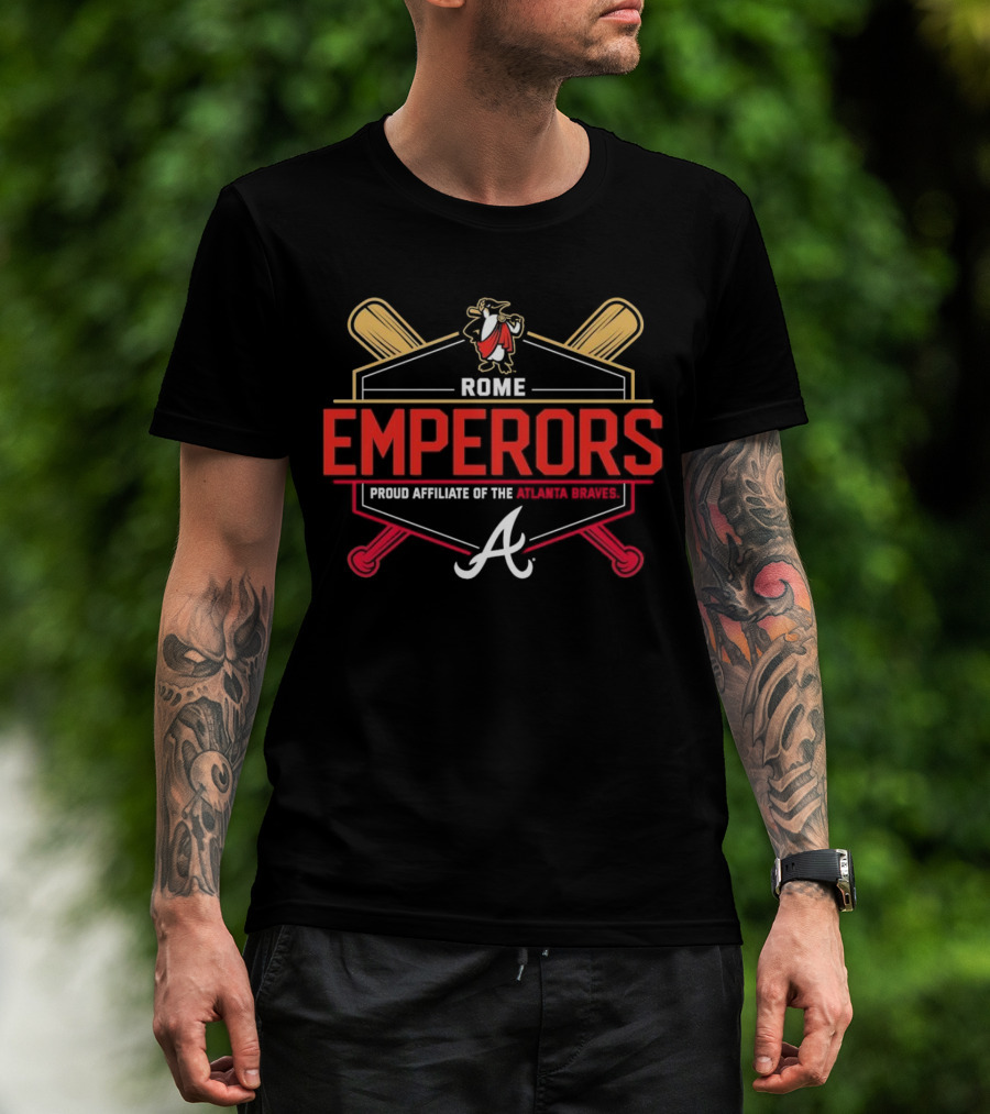 Rome Emperors Proud Affiliate Of The Atlanta Braves Logo With Crossed Bats And Mascot T-Shirt