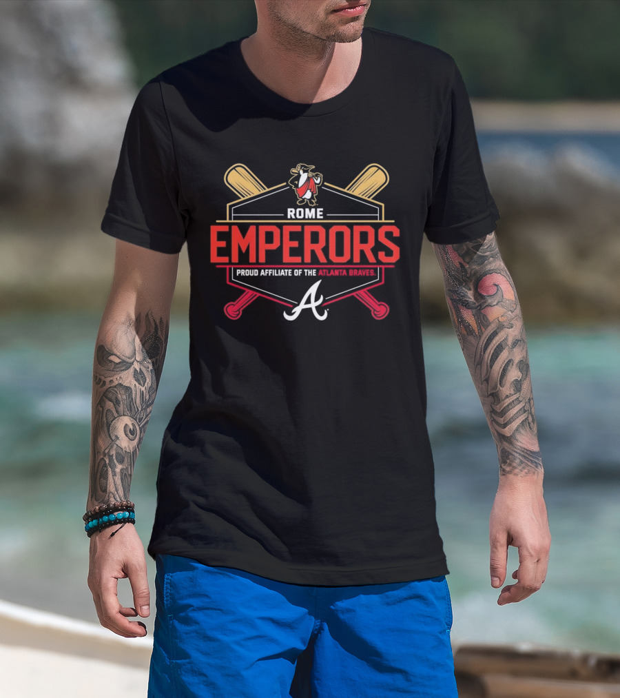 Rome Emperors Proud Affiliate Of The Atlanta Braves Logo With Crossed Bats And Mascot T-Shirt