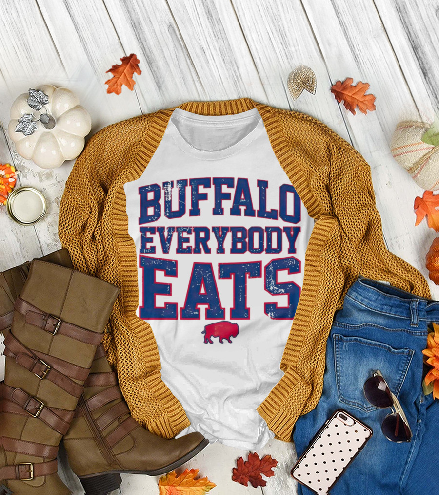 Buffalo Everybody Eats Red Bison Icon Bold Blue Letters T-Shirt