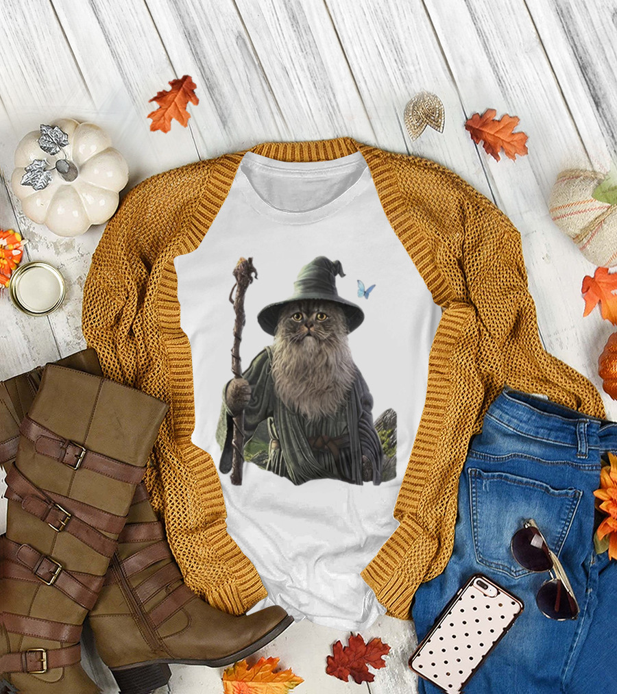 Cat The Mountain Wizard Catdalf Cat with Staff and Hat T-Shirt