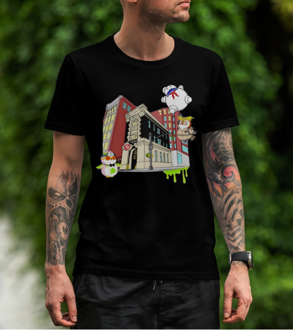 Stay Puft Marshmallow Man Pudgy Penguins Ghostbusters Firehouse Scene T-Shirt