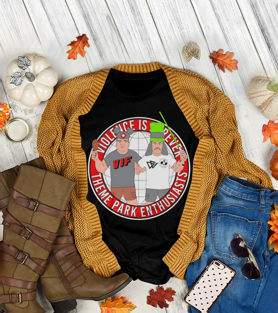 Violence Is Forever Theme Park Enthusiasts VIF Iconic Characters with Lightsaber and Turkey Leg T-Shirt