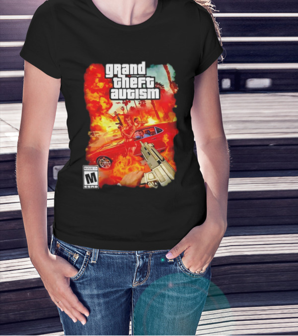 Grand Theft Autism Video Game Cover Parody With Car And Weapon T-Shirt