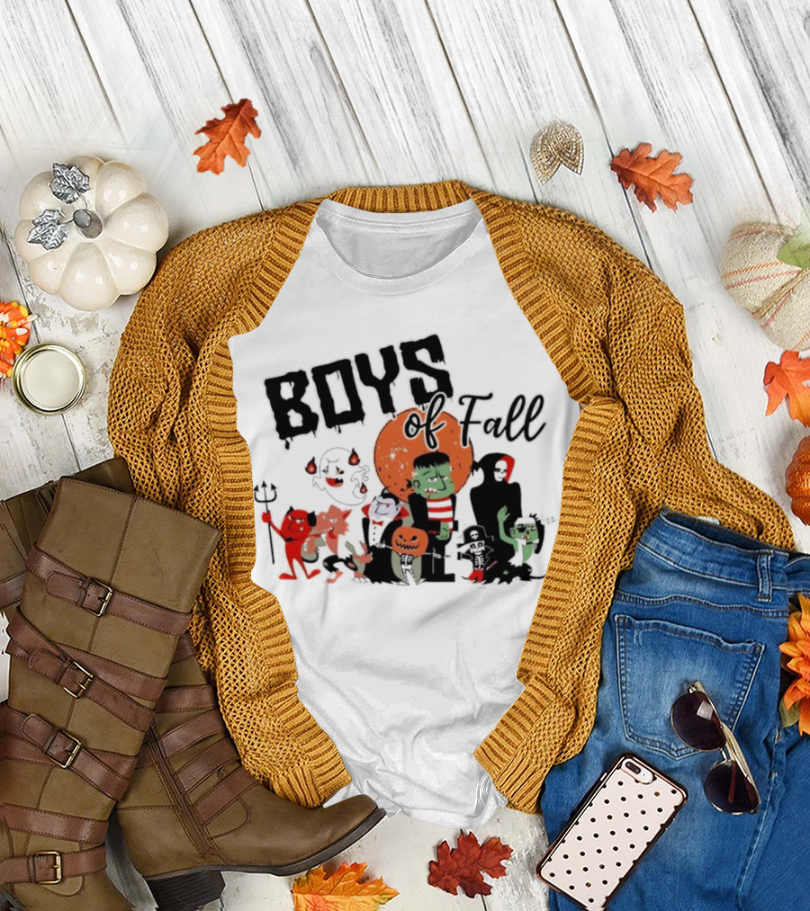 Boys of Fall Halloween Characters with Classic Monsters and Pumpkins T-Shirt
