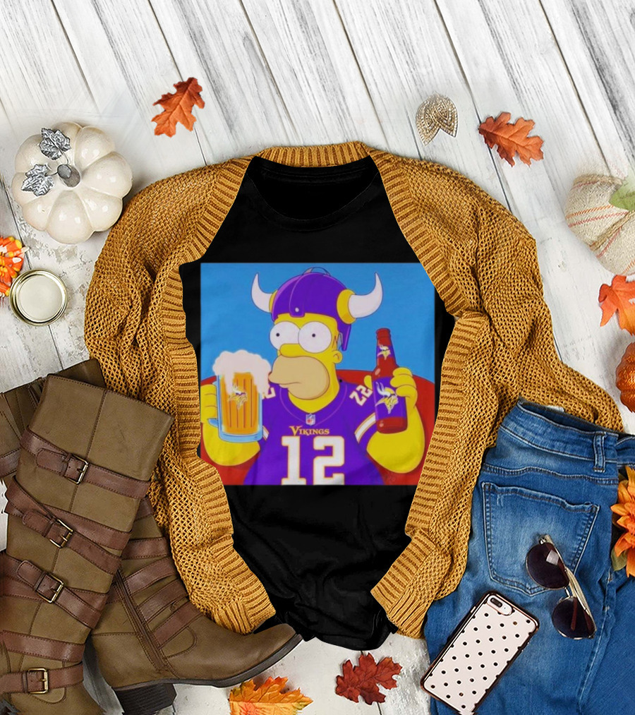 Homer Simpson in Minnesota Vikings Gear Drinking Beer T-Shirt
