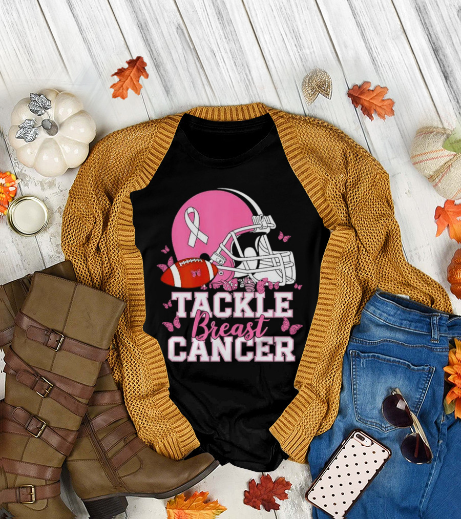 Tackle Breast Cancer Awareness Pink Football Helmet Ribbon Butterflies T-Shirt