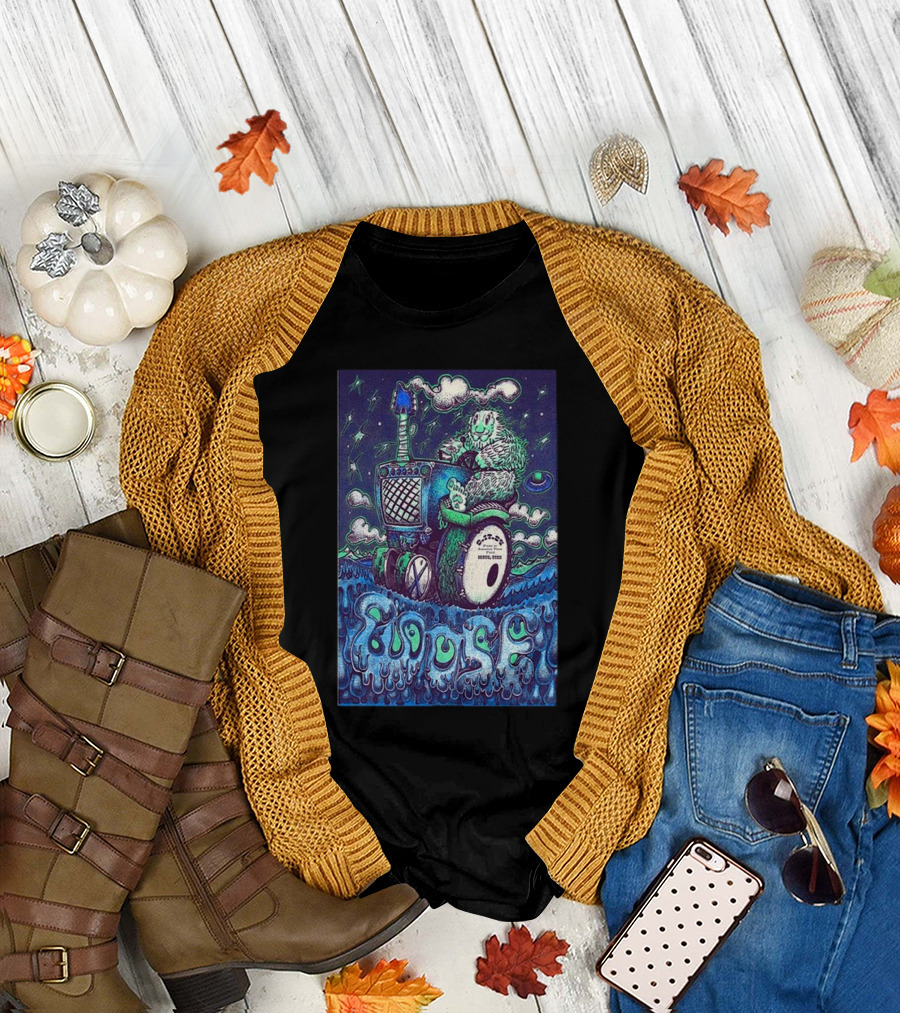 Goose Cosmic Creature Riding Tractor in Surreal Night Sky Scene T-Shirt