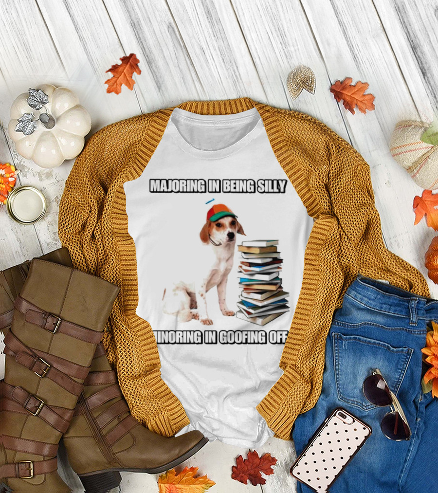 Majoring in Being Silly Minoring in Goofing Off with a Colorful Cap-Wearing Dog and Stack of Books T-Shirt