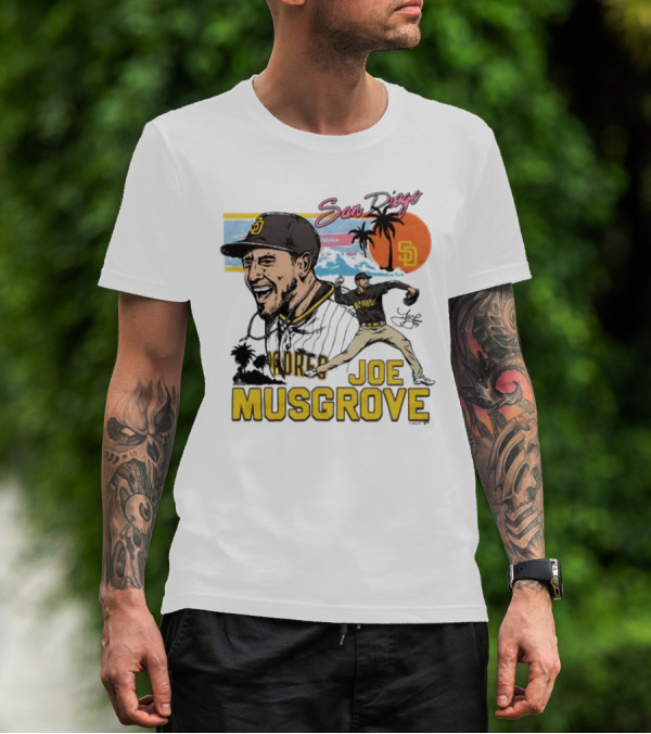 Joe Musgrove San Diego Padres Sunset Palm Trees Signature Caricature T-Shirt