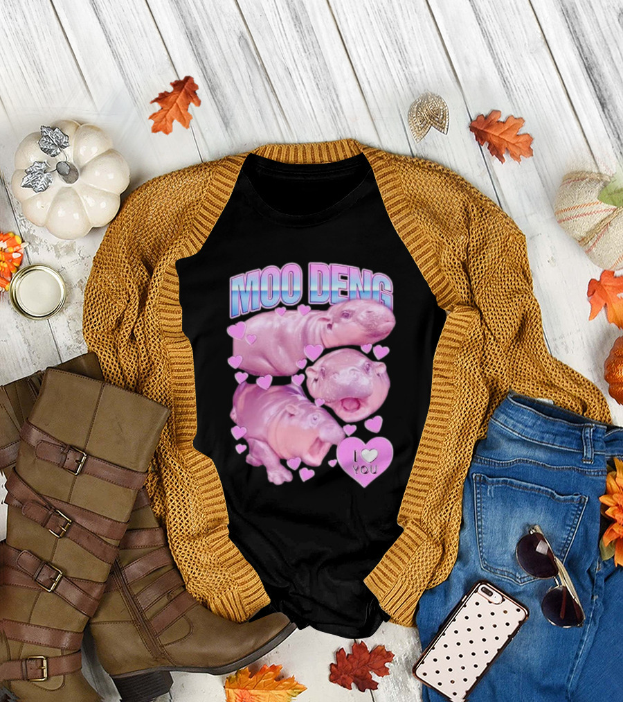 Moo Deng I Love You Pink Hippo Hearts T-Shirt