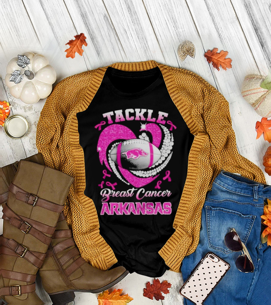 Arkansas Razorbacks Tackle Breast Cancer Pink Ribbon Heart Football T-Shirt