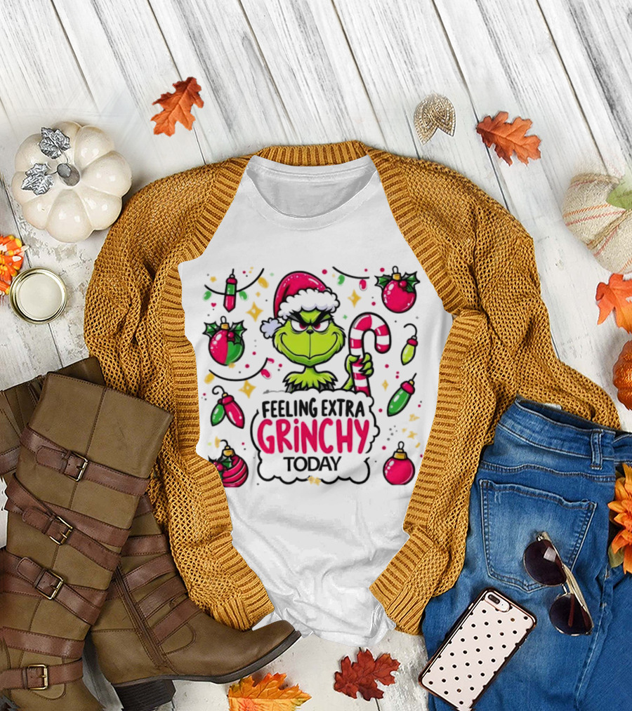 Feeling Extra Grinchy Today Christmas Grinch Santa Hat Candy Cane Ornaments T-Shirt