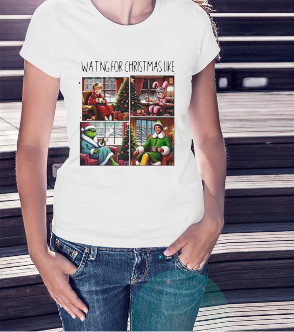 Waiting For Christmas Like Iconic Holiday Characters With Christmas Tree And Cozy Living Room Scene T-Shirt