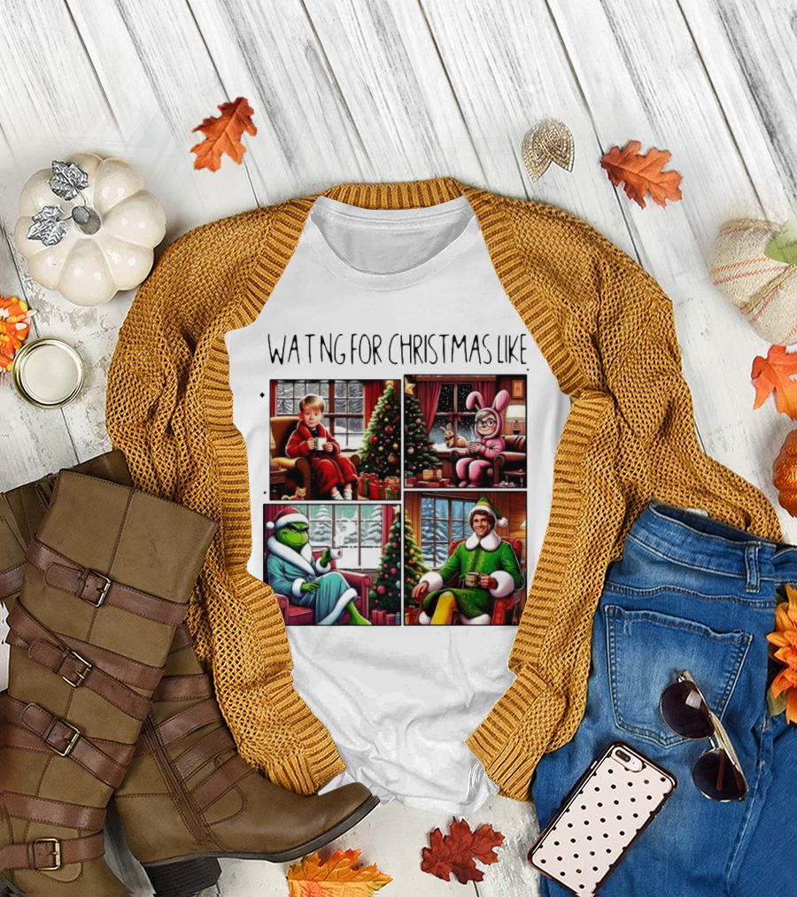 Waiting for Christmas Like Iconic Holiday Characters with Christmas Tree and Cozy Living Room Scene T-Shirt