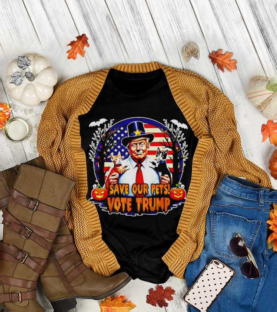 Save Our Pets Cats Vote Trump Halloween American Flag Pumpkins Bats T-Shirt