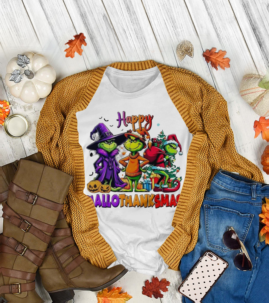 Grinch Halloween Thanksgiving Christmas Happy Hallothanksmas Holiday Crossover T-Shirt