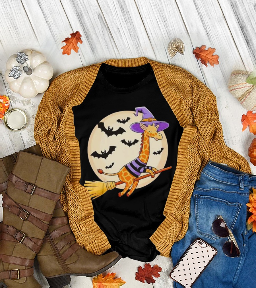 Giraffe Riding Witch Broom with Bats and Full Moon Halloween T-Shirt