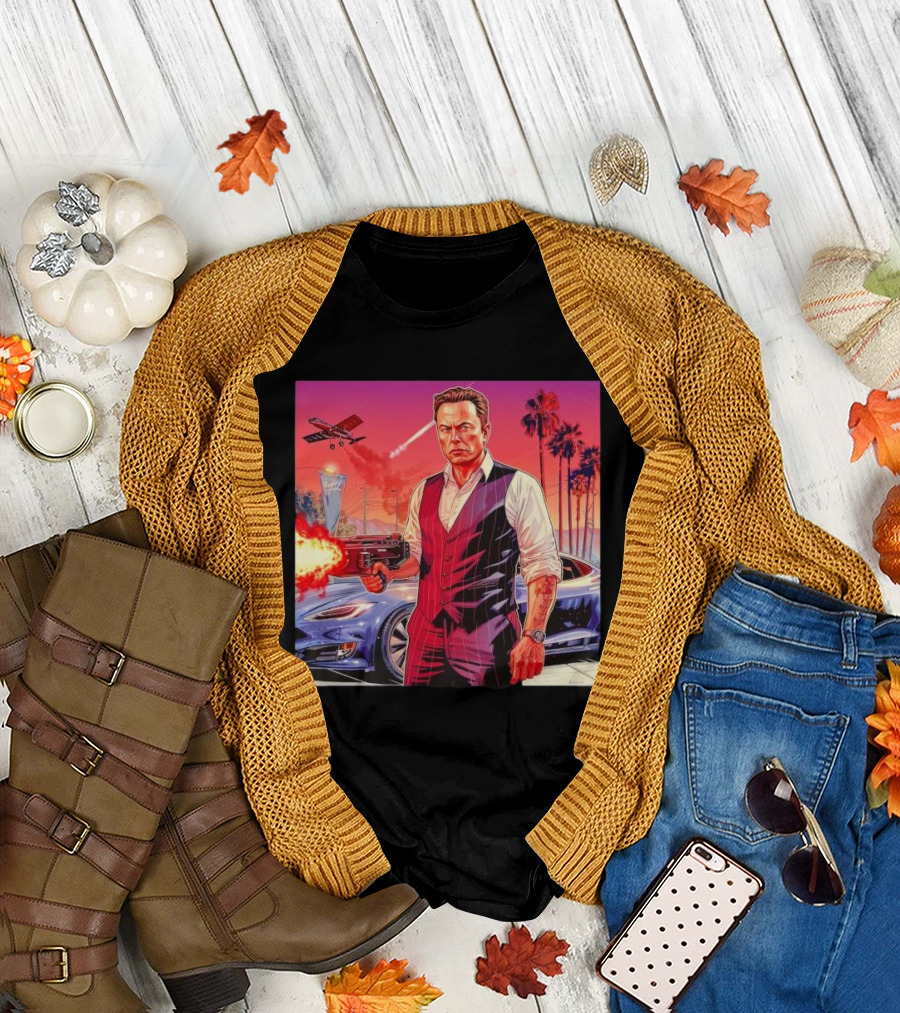Grand Theft Auto Elon Musk Sunset Shootout with Palm Trees and Jetstream T-Shirt
