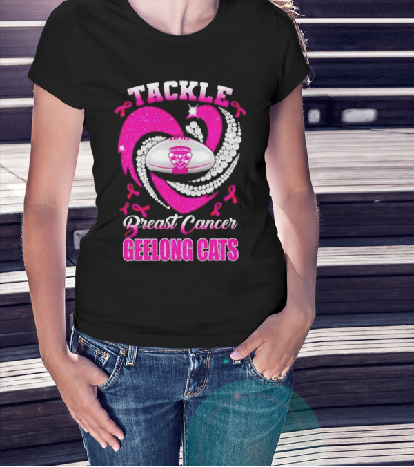 Tackle Breast Cancer Geelong Cats Pink Ribbon Football Heart T-Shirt