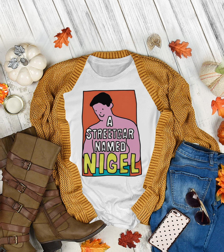 A Streetcar Named Nigel Pink Cartoon Character with Orange Background T-Shirt