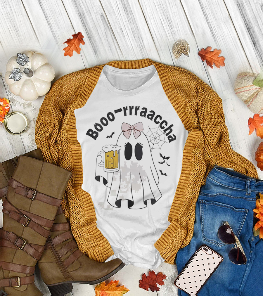 Booo-rraaaccha Ghost with Beer and Bats Halloween T-Shirt