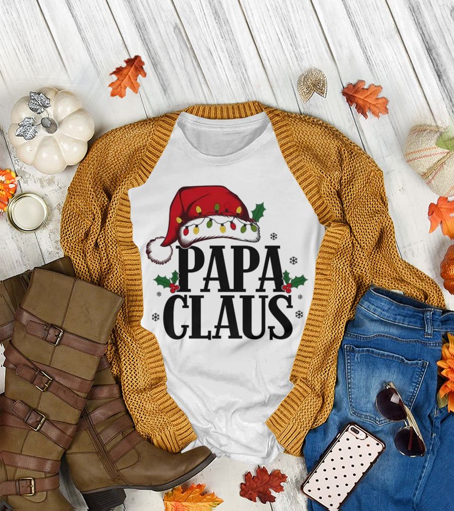 Papa Claus Christmas Santa Hat Holly Lights Snowflakes T-Shirt