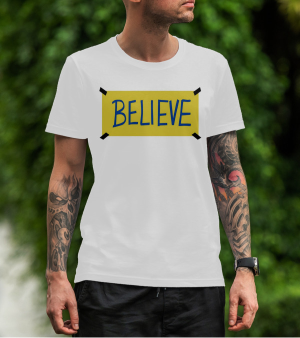 Ted Lasso Believe Sign Taped Yellow Background T-Shirt