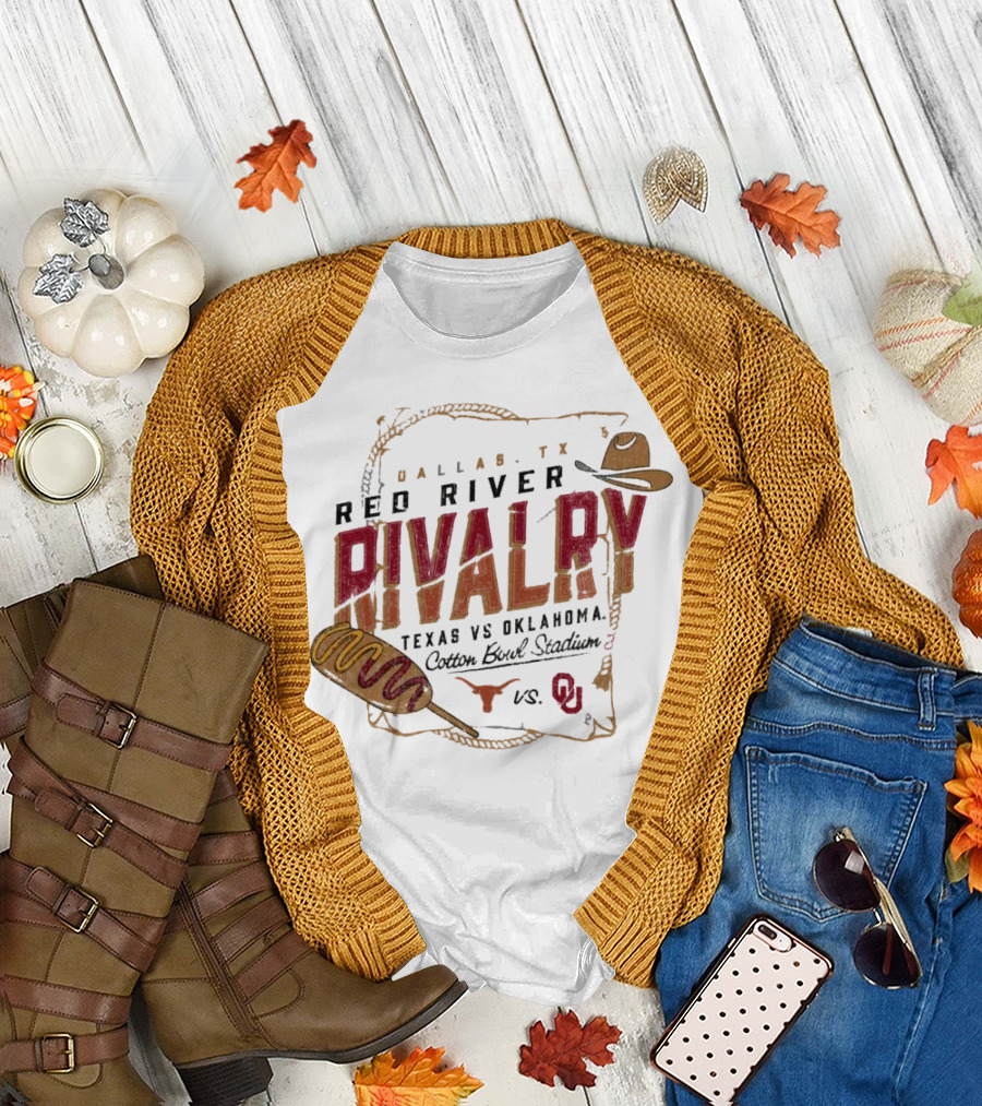 Dallas TX Red River Rivalry Texas vs Oklahoma Cotton Bowl Stadium Corn Dog Match Up T-Shirt
