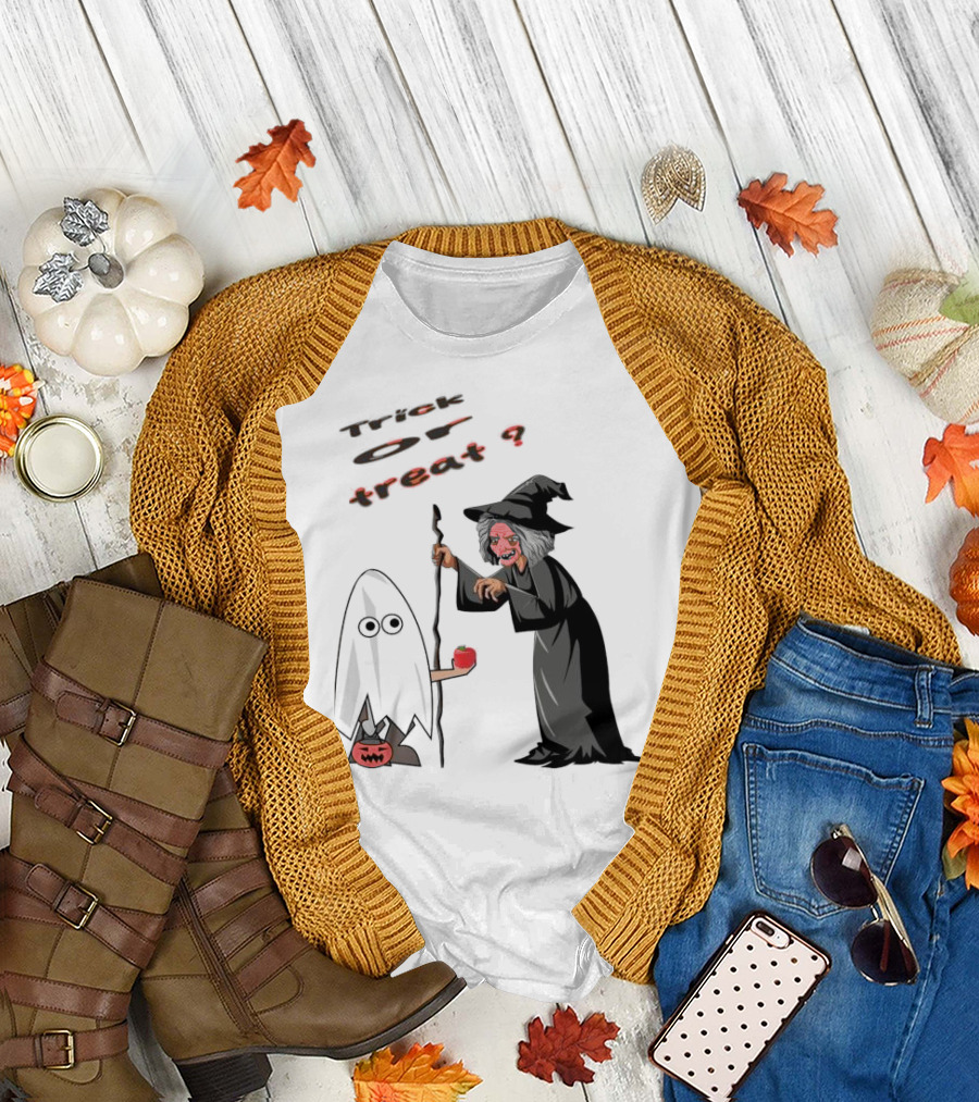 Trick or Treat Witch with Boo Ghost and Red Apple Halloween T-Shirt