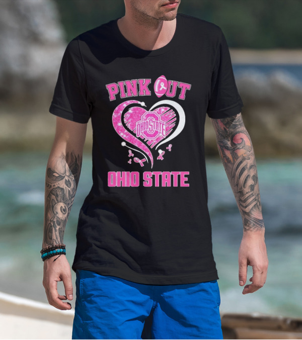 Ohio State Pink Out Breast Cancer Heart Football T-Shirt