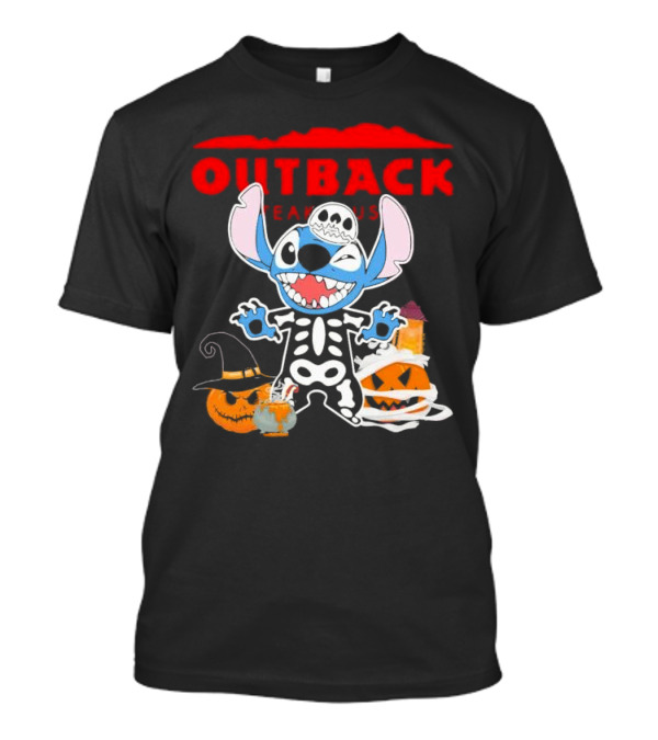 Outback Steakhouse Halloween Skeleton Stitch With Pumpkins T-Shirt