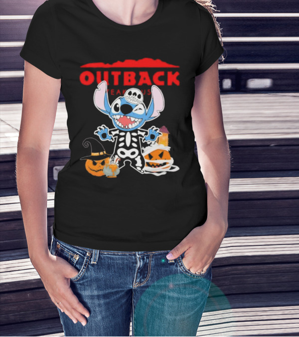 Outback Steakhouse Halloween Skeleton Stitch With Pumpkins T-Shirt