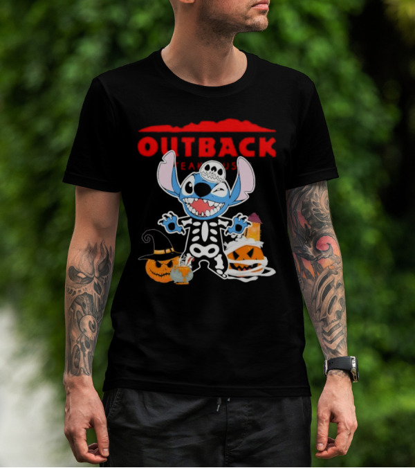 Outback Steakhouse Halloween Skeleton Stitch With Pumpkins T-Shirt