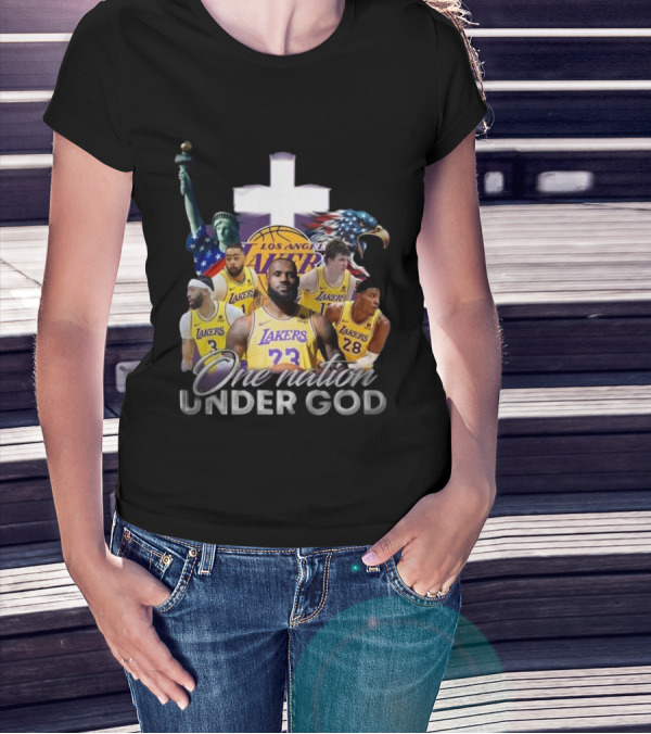 Los Angeles Lakers One Nation Under God Statue Of Liberty Cross Eagle Basketball Players T-Shirt