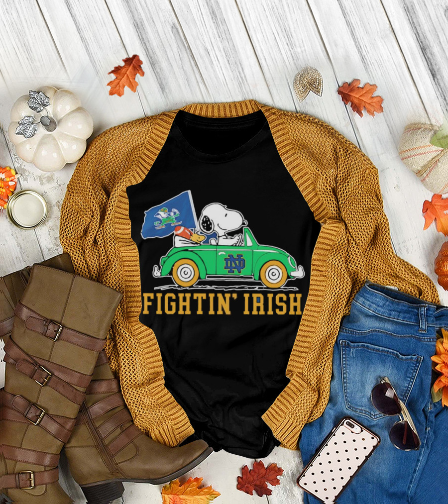 Snoopy and Woodstock Driving ND Car Fightin' Irish T-Shirt