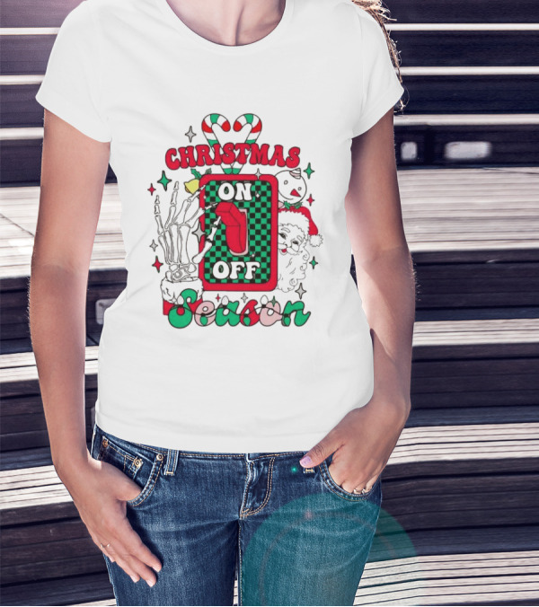 Christmas Season On Off Skeleton Hand Santa Claus T-Shirt