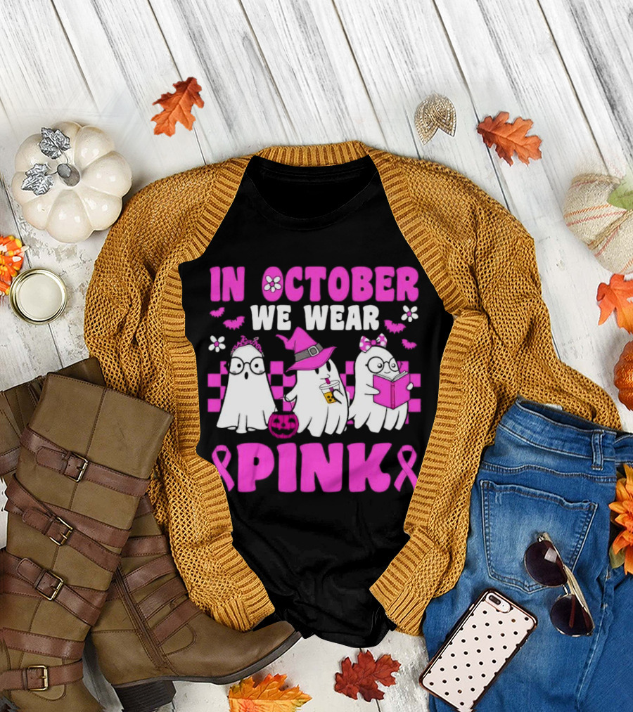 In October We Wear Pink Breast Cancer Awareness Groovy Ghosts Halloween T-Shirt