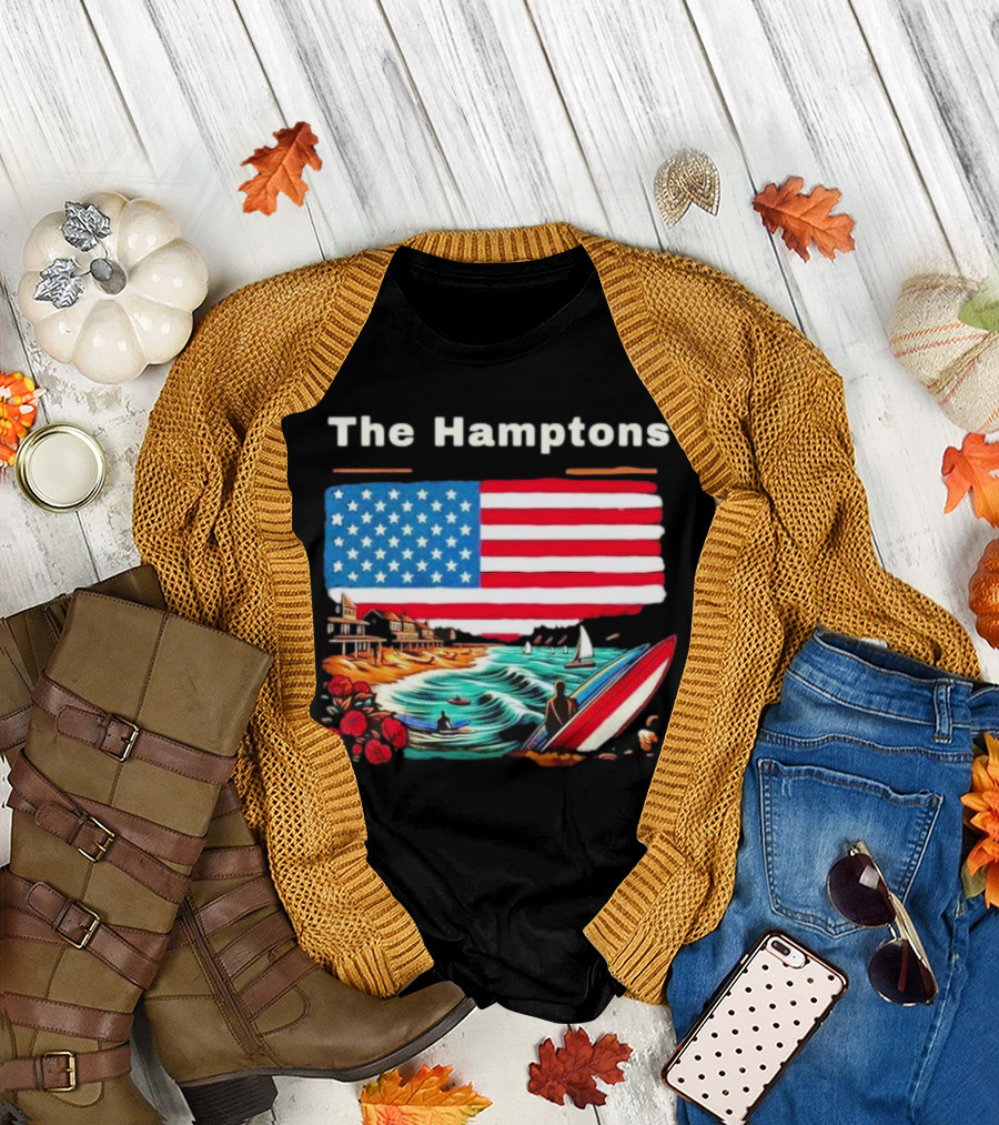The Hamptons American Flag Beach Oceanside Surfing Scene T-Shirt