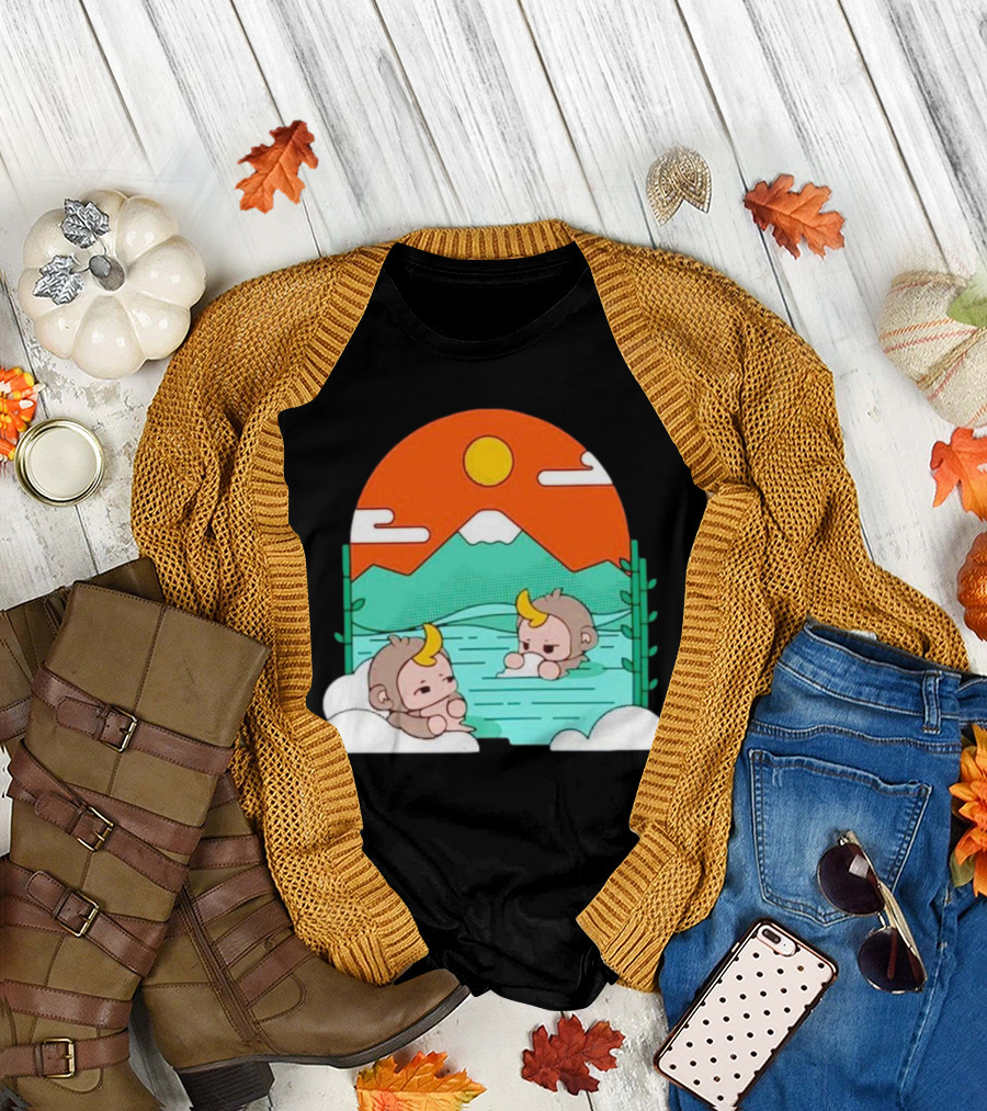 The Tranquil Monkey Hot Spring Relaxation Scene with Mountains and Sun T-Shirt