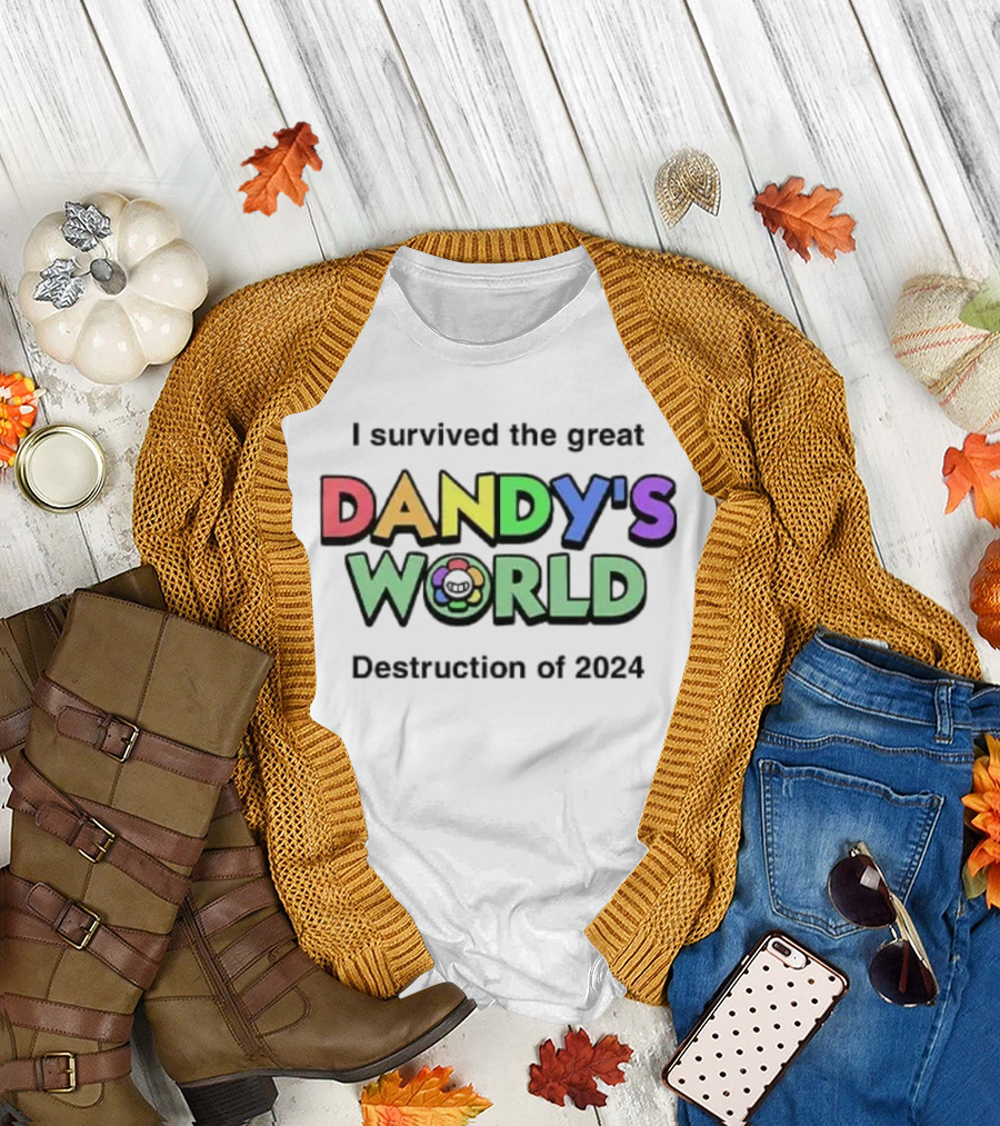 I Survived the Great Dandy's World Destruction of 2024 with Rainbow Flower Emblem T-Shirt