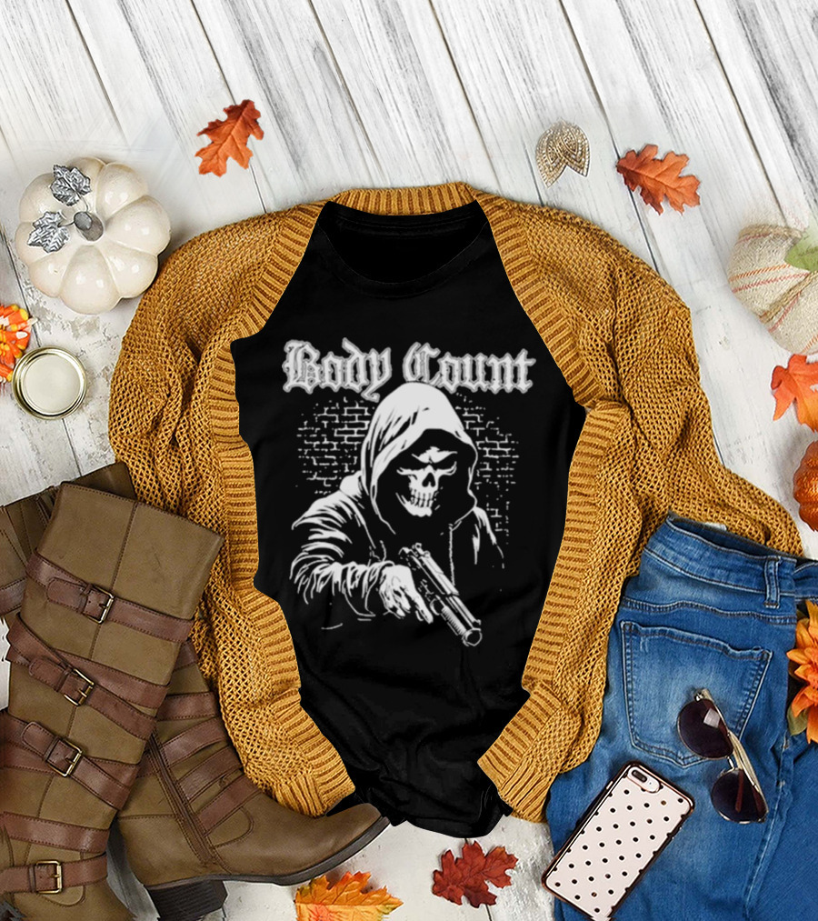 Body Count Hooded Skull with Gun Brick Wall Background T-Shirt