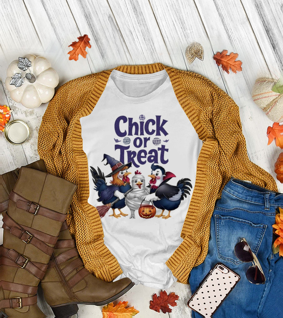 Chick or Treat Halloween Chickens in Witch Costumes with Broom Mummy and Pumpkin T-Shirt