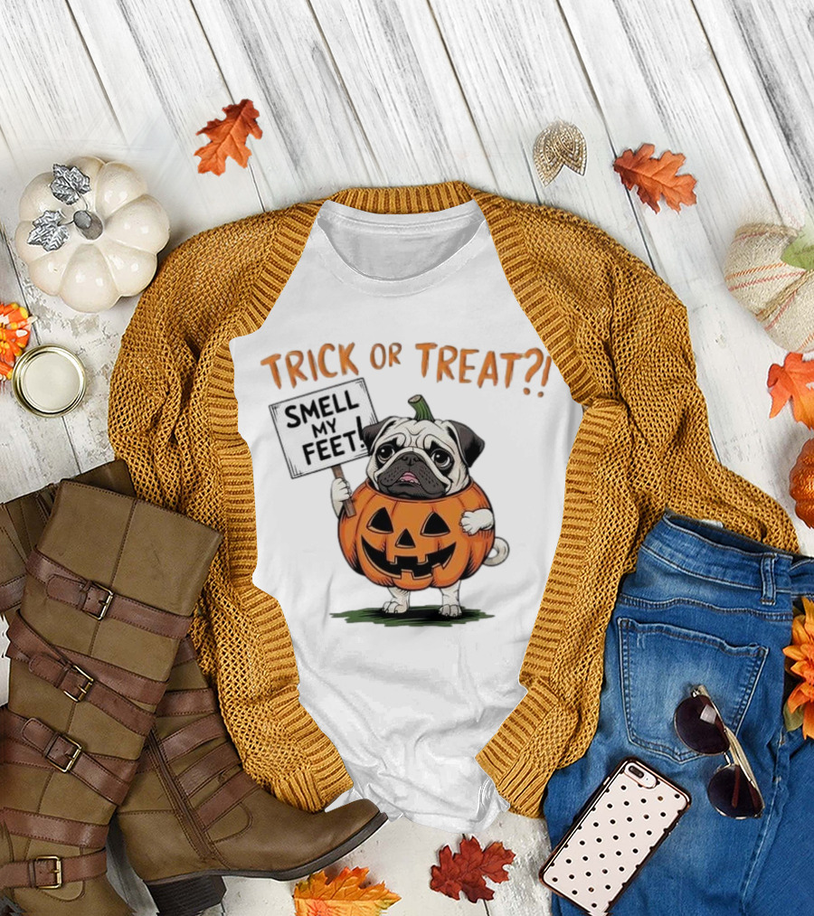 Pug in Pumpkin Costume Trick or Treat Smell My Feet Halloween T-Shirt