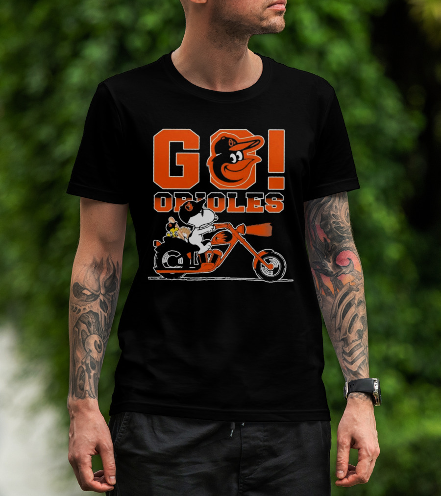 Baltimore Orioles Snoopy And Woodstock Ride Motorcycle Go Orioles T-Shirt