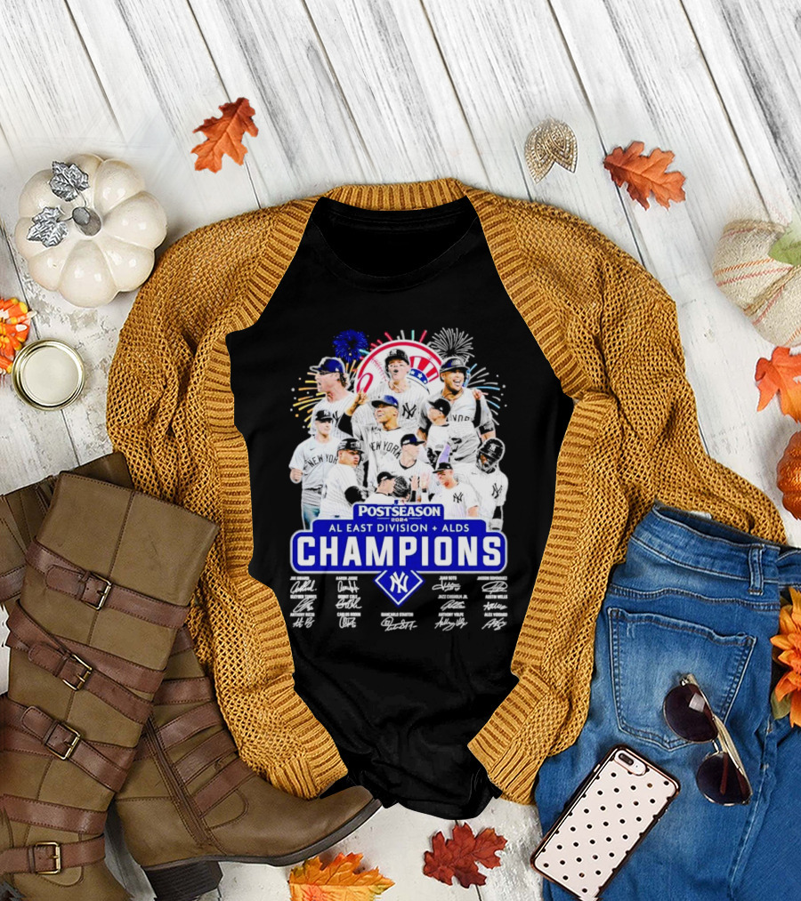 New York Yankees Postseason 2024 AL East Division ALDS Champions Signatures Players Fireworks T-Shirt