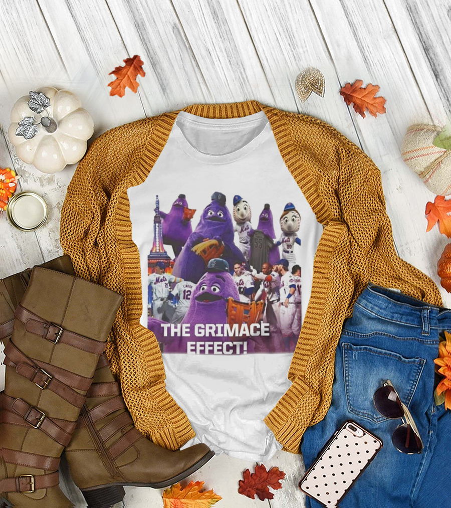 New York Mets The Grimace Effect Baseball Collaboration with Mascot Imagery and Player Interaction T-Shirt