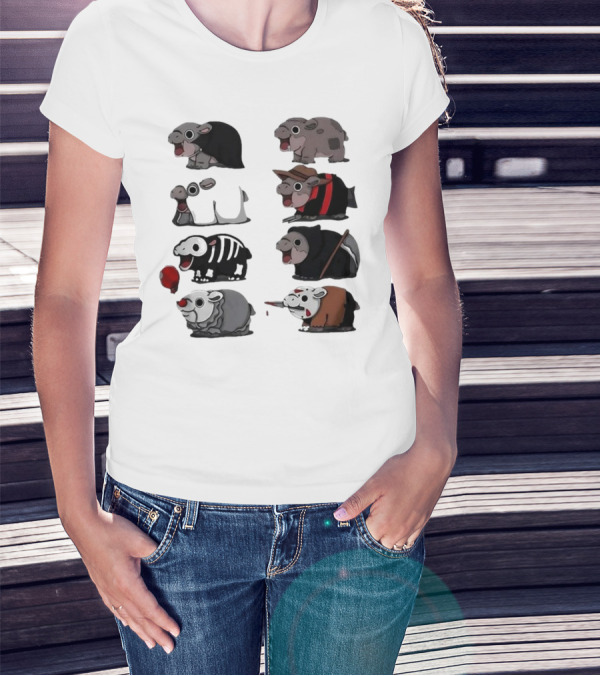 Scary Hippo Moo Deng In Horror Iconic Film Characters T-Shirt